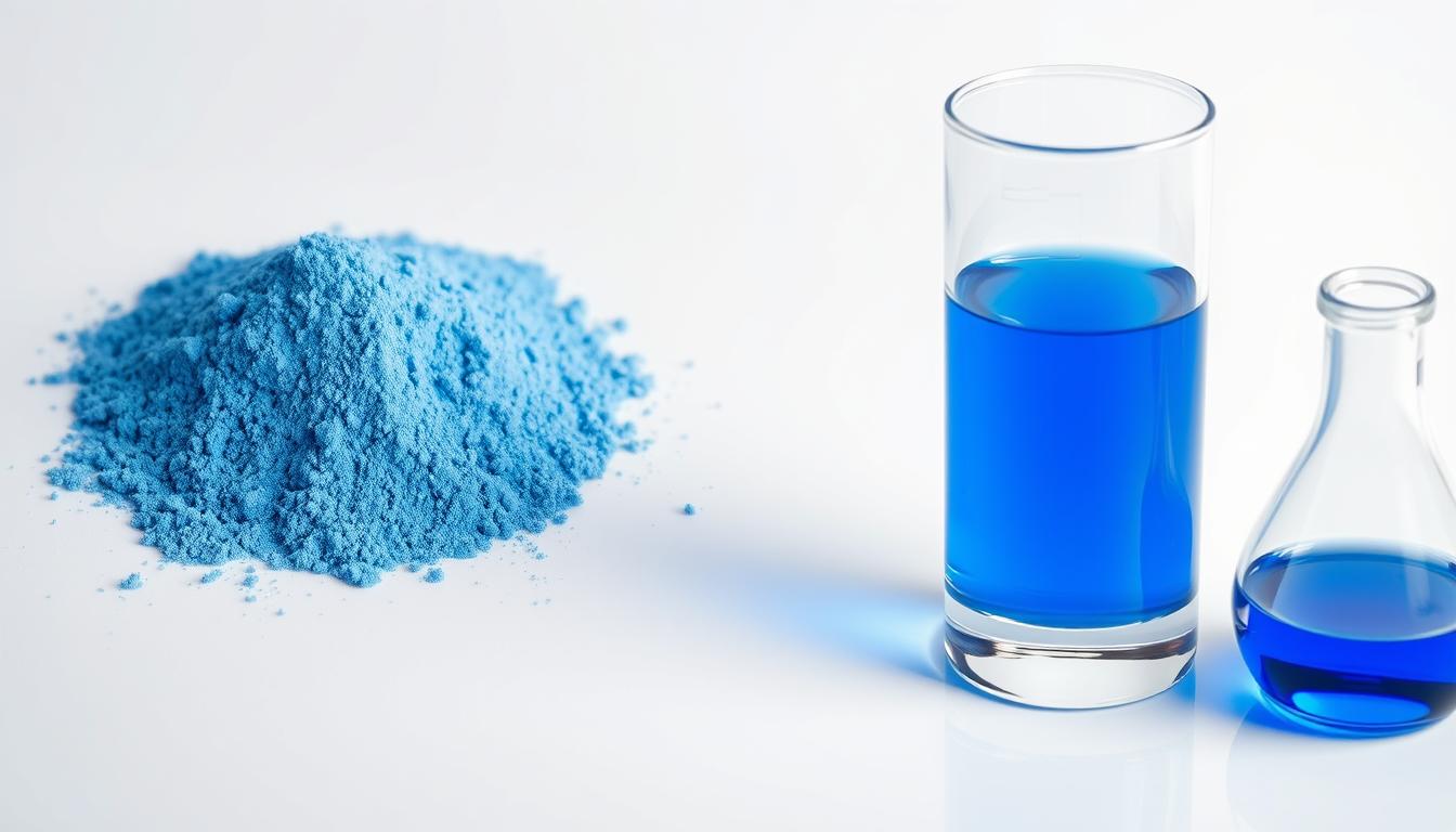 Methylene blue powder and liquid solution showing its characteristic blue color - Benefits of Methylene Blue